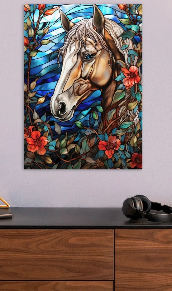 Stained Glass Horse Portrait with Flower — metal poster wall art by Lineer